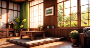 A simple Japanese home during the summer afternoon, where the sunlight streams through the open window, casting a warm and inviting glow across the room. The interior is decorated with traditional Japanese furnishings, including a tatami mat floor, shoji paper doors, and a low table with a few delicately arranged items. Against one wall is a sliding door that leads to a garden, offering a peaceful view of the outdoors. In the center of the room stands a tall vase filled with fresh flowers, their colors contrasting beautifully against the minimalist white walls.,3d,3dcharacter