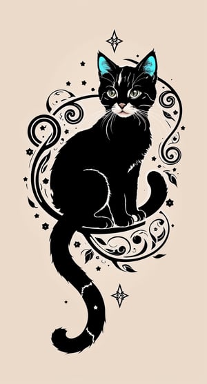 A whimsical illustration of a kitten's tattoo, surrounded by colorful vector shapes and swirling patterns. The kitten's face is adorned with a matching tattoo logo, complete with tiny ink . Soft pastel hues and subtle shading bring the adorable scene to life.,cartoon,IncrsLcmSolo,tshee00d