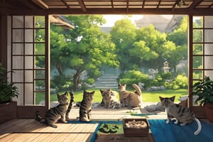 A captivating illustration depicting (((a mother cat and her kittens))) on a balcony, absorbing the tranquil beauty of a Zen garden, ((animal)), The setting exudes an aura of peace and harmony, with carefully manicured plants and meticulously arranged stones. The cat and kittens are portrayed in an utterly endearing manner, their playful interactions captured with an imaginative flair. The artwork should embody a fusion of realism and artistic interpretation, with vivid colors and textures that pop. Ensure it adheres to the golden ratio, and infuse it with hyper details and hyper resolution to craft a true masterpiece,