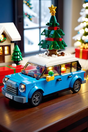 A whimsical scene of a Lego model of a car, placed neatly on top of a table. The car is meticulously crafted with various Lego pieces, depicting its intricate design and attention to detail. In the background, the Christmas atmosphere is evident with a colorful Christmas tree adorned with ornaments and lights, as well as a beautifully wrapped gift box sitting on a nearby shelf. The room is well-lit, adding to the festive ambience. The Lego car sits proudly on the table, surrounded by various Lego building blocks and instructions, hinting at the hours of creativity and fun that went into its construction. The holiday spirit is further emphasized by a small, lit-up snow globe on the table, depicting a winter wonderland scene, complete with a snow-covered village and trees. The image captures the essence of the joy and creativity that comes with the holiday season, as well as the satisfaction of building and creating something unique., cinematic shot, dynamic lighting, 75mm, Technicolor, Panavision, cinemascope, sharp focus, fine details, 8k, HDR, realism, realistic, key visual, film still, superb cinematic color grading, depth of field, natural beauty,LEGO MiniFig