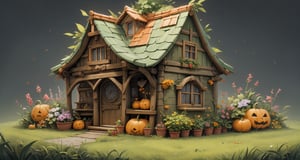 a house sitting on top of a lush green field, by Akihiko Yoshida, Halloween decorations, pumpkins, cg society contest winner, naive art, cottagecore flower garden, rows of lush crops, beautiful detailed miniature, cottagecore!! fitness body, beautiful english countryside, abundant fruition seeds, beautiful wallpaper, extremely high detailed, super detailed picture, farm, cute style garden,isometric