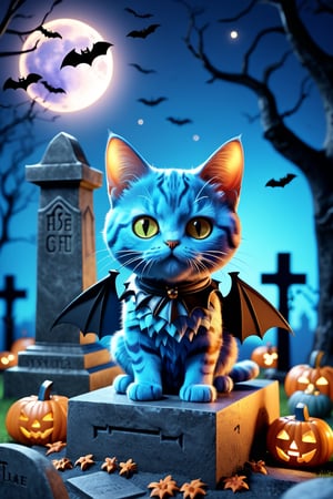 (Cute cube blue fury cat wearing bat costume), (haunted house background), (TOMBSTONE:1.4), tomb, Grave,  , (beautiful full moon:),(Halloween decorations),3D app icon, clean isometric design, beautiful design, soft gradient background, soft colors, centered, 3D blender render, masterpiece, best quality, high resolution, 8k octane render, beautiful color scheme, soft smooth lighting, physically based rendering, square image, high polycount, natural beauty