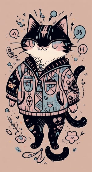 A whimsical illustration of a kitten's tattoo, surrounded by colorful vector shapes and swirling patterns. The kitten's face is adorned with a matching tattoo logo, complete with tiny ink . Soft pastel hues and subtle shading bring the adorable scene to life.,cartoon,IncrsLcmSolo,tshee00d