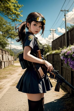 (A stunningly realistic oil painting) of a (cute and  kawaii anime girl) standing confidently, her petite body adorned in a frilly outfit. (Happy), (Her big, expressive eyes look determined and ready for action) as (((she aims her gun:1.4))) carefully. The background fades into an abstract expressionist landscape of swirling colors and shapes, adding to the whimsical and daring atmosphere. (Cute accessories:1.4), (Ballistic Goggles). The image is now more colorful and vibrant, with a cel shaded pop art style that makes it stand out. The girl is also wearing a bulletproof vest, which adds an extra layer of protection and readiness to her ensemble. In the background, there are various details like leaves and flowers, making the scene more interesting and engaging. (Her full body is visible:0.1), emphasizing her youthful energy and courage. The image now has shadows cast across her body, increasing the dramatic effect, and she appears to be in mid-step, ready to dodge or move out of the way. (Intricate details), (Zettai ryōiki), (Dimensional) (GuidanceScale=12) (OilPaintStyle) (CharlieBowater) (FineDetails) (Wlop) (TrendingOnArtStation) (VeryDetailed) (NaturalBeauty) (ChibiAnimeGirl),gun