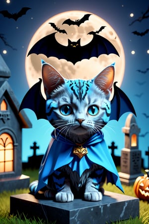 (Cute cube blue fury cat wearing bat costume), (haunted house background), (TOMBSTONE:1.4), tomb, Grave,  , (beautiful full moon:),(Halloween decorations),3D app icon, clean isometric design, beautiful design, soft gradient background, soft colors, centered, 3D blender render, masterpiece, best quality, high resolution, 8k octane render, beautiful color scheme, soft smooth lighting, physically based rendering, square image, high polycount, natural beauty