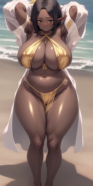 outfit-km, solo, 1girl,(( golden bikini top, shiny gold thong, golden robes)), voluptuous, curvy_figure, hourglass_figure, ((dark_skinned_female, black_hair)), magic, genie, gnie girl, sexy, ,elf, slighty_chubby, ((arms above head, arms behind head, female_armpits,)) beach, ((undersized clothing, micro clothing)) ((legs spreading standing, spreaded standing legs, legs_open_standing, ))