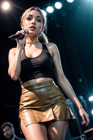 ((Full body shot:0.5)), Ariana Grande, on stage, performing on stage, concert, background lights, staring intensely into the camera with a slight smirk on her lips, realistic skin tone, detailed face shading, perfect hands, detailed fingers, (wearing colorful tank top, short skirt, very high heels, natural skin texture, 4k textures, elegant, highly detailed, sharp focus, ((((cinematic look)))), soothing tones, insane details, intricate details, hyperdetailed, cinematic light, dim colors, exposure blend, hdr, faded, bokeh,