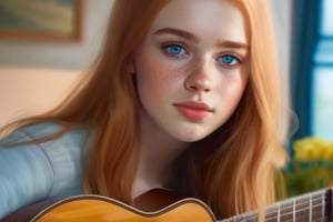 18 year old beautiful russian female, playing guitar, strawberry blond hair, freckles, realistic, realistic light blue eyes, realistic lips, realistic eyes, masterpiece, 4k