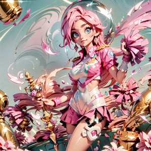 beautifal anime girl cheer leader with sexy cheer leading uniform while revealing breasts, ginourmous perky breasts, hourglass body, shiny skin, shiny body, pink pom poms, pink uniform, sunny day, ethereal lighting, beautiful, detailed eyes, masterpiece, 8k, shiny skin, shiny body