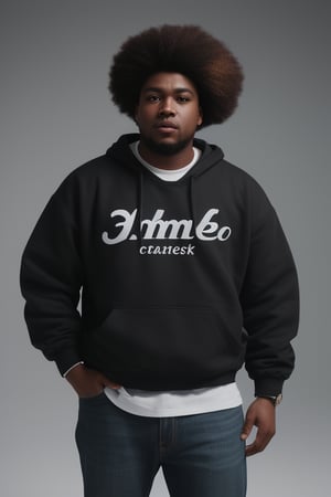 "Artistic, photographic Image of a 30 year old, chubby, black man, full body portrait with iconic Aimé Leon Dore clothes. he is seen wearing streetwear pieces. he has realistic, big, afro Hairstyle. The image should be a digital photograph, featuring a level of detail that brings the character and scene to life. His anatomy is average, capturing the essence of both freedom and soul. Photograph inspiration from Joe Puxley , the illustration features sharp focus, smooth transitions, and an underlying watercolor aesthetic.”, 35mm, Medium Shot, Studio Lighting, Highly Detailed, Octane Render, afro Hairstyle