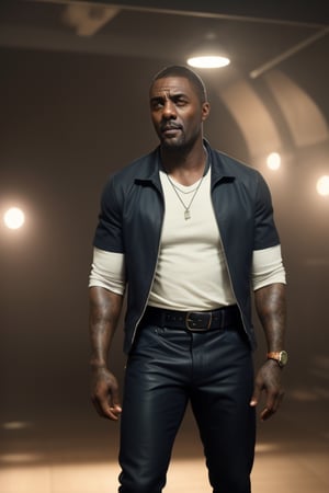 "Idris Elba's Artistic Image, The center of this scene is a catwalk in Milan fashion week, Idris Elba''s full body portrait with iconic Calvin Klein clothes. Idris Elba' is seen amidst the catwalk wearing a ragged, cropped top, vintage belt, doc martens boots. Idris Elba has an amazing afro hair. The image should be a blend of digital illustration and anime, featuring a level of detail that brings the character and scene to life. Idris Elba'’s anatomy is athletic, capturing the essence of both freedom and soul. Drawing inspiration from Ed Repka, the illustration features sharp focus, smooth transitions, and an underlying watercolor aesthetic.”, 35mm, Medium Shot, Studio Lighting, Highly Detailed, Octane Render, Idris Elba