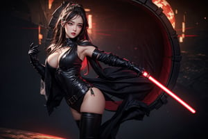 {{{masterpiece}}}, {{{best quality}}}, {{{ultra-detailed}}}, {cinematic lighting}, {illustration}, red_eyes,black_hair, gloves, sith, holding red lighsaber, black clothes, cleavage, sexy breasts, sexy ass, inside a space ship, dark ambience, lowkey, high heels, perfect eyes, pretty face, nice hands, 3DMM