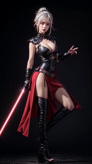 {{{masterpiece}}}, {{{best quality}}}, {{{ultra-detailed}}}, {cinematic lighting}, {illustration}, red_eyes,white_hair, gloves, sith, holding red lighsaber, black clothes, cleavage, sexy breasts, sexy ass, inside a space ship, dark ambience, lowkey, high heels, perfect eyes, pretty face, nice hands, ,3DMM