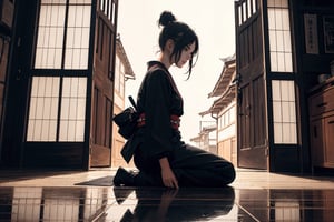 {{{masterpiece}}}, {{{best quality}}}, {{{ultra-detailed}}}, {cinematic lighting}, {illustration}, 1girl,long hair,hair bun,kneeling on the tatami,side view,wearing a black wafuku,Light through a Japanese door behind the model,reflection on the floor,low key light,looking forward,eyes covered by hair,Samurai girl,solitude