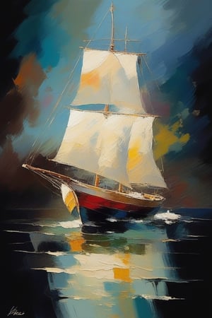 Impressionism, sailing boat, in the open sea, painterly, small brush strokes, visible brush strokes, impressionist style
