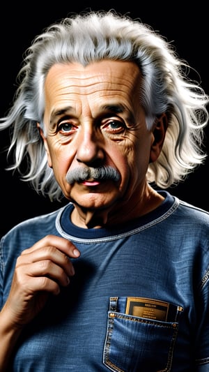 (masterpiece: 1.2), best quality, ultra detailed, photorealistic: 1.37, (((Albert Einstein, T -shirt and jeans outfit, looking at the camera 1.9))) masterpiece, high quality, high definition,  super detailed,  captured with Hasselblad X1D II 50c Hasselblad XCD 200-600mm F/5.6-6.3 OSS, Natural Light, Hyperrealist Photography, High contrast, defined blacks.