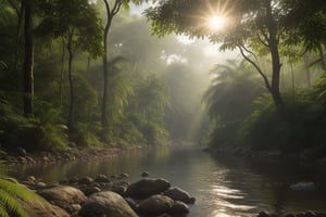 (masterpiece) photorealistic, 8k detailing, jungle environment, tall trees on both sides of river with rocks on the edge of river, realistic sun rays