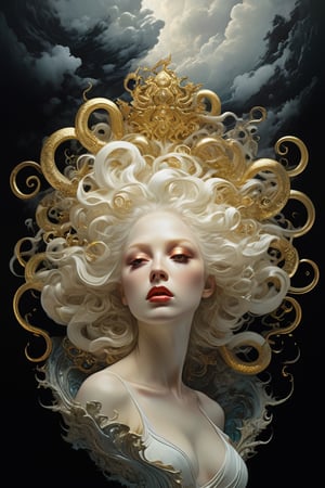 Cinematic, photorealistic of albino medusa, white eyes, vibrant colors, fantasy, warm tone, surreal, 8k resolution photorealistic masterpiece by Aaron Horkey and Jeremy Mann, professional photography, volumetric lighting maximalist photoillustration by marton bobzert, 8k resolution concept art intricately detailed, complex, elegant, expansive, fantastical, mythical clouds
