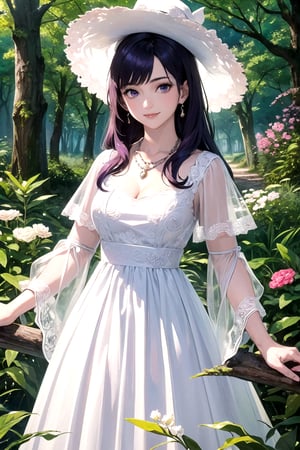 (masterpiece, top quality, best quality, official art, beautiful and aesthetic:1.2), (1lady with white dress and long purple hair), extreme detailed,colorful,highest detailed, woods, white_fancy_hat,flowers,shiny_silver_necklace,smile