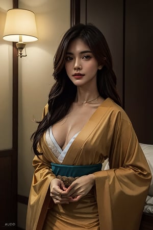 photorealistic:1.37, masterpiece, best quality,finely detailed beautiful eyes and detailed face), cinematic lighting, raw photo, absurd res, UHD, 1girl, medium breasts, cleavage, long hair, brown hair, seductive, Japanese Kimono Traditional Women Sexy Dress, erotic pose, looking at the viewer, in bedroom, intricate detail, detailed background, detailed skin, pore, high_res, hdr
