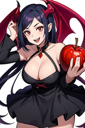 Anime girl in a devil costume holding a red apple, anime demon girl, Anime girl wearing a black dress, vampire girl, demon girl, gothic maiden anime girl, beautiful vampire queen, Succubus in a tight short dress, vampire fashion, 17-year-old gothic anime girl, Gapmoe Yandere Grimdark, Cute Succubus, smile