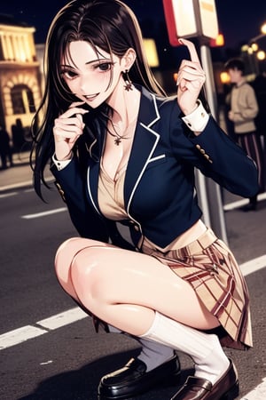 ((masterpiece,best quality, detailed)), 1girl, solo, outdoors, street, fighting stance, serious, night,
ryofu housen, magatama earrings, blazer, plaid skirt, loose socks, loafers, single earring, smile, parted lips, white socks, cleavage, clenched hands, hand up