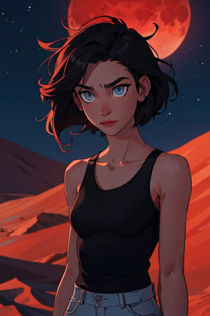 1female, long hair, black hair, short_hair, blue eyes,hair_style, different style hair,SAM YANG,midnight, desert, blood moon, white tanktop,