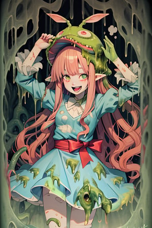 A half-wearing a blue dress, Alice in Wonderland style, long red hair, and a tentacular creature grabbing and smearing her body with a green slime, inside a castle, the girl looks happy as the creature penetrates her private parts, makima \(chainsaw man\),3DMM