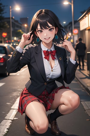 ((masterpiece,best quality, detailed)), 1girl, solo, outdoors, street, fighting stance, serious, night,
ryofu housen, magatama earrings, blazer, plaid skirt, loose socks, loafers, single earring, smile, parted lips, white socks, cleavage, clenched hands, hand up,mano aloe