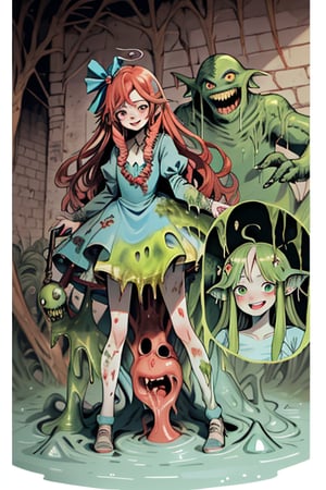 A half-wearing a blue dress, Alice in Wonderland style, long red hair, and a tentacular creature grabbing and smearing her body with a green slime, inside a castle, the girl looks happy as the creature penetrates her private parts, makima \(chainsaw man\)