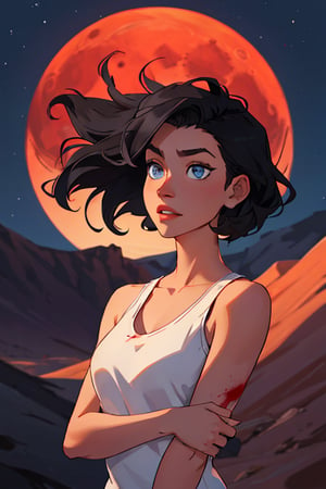 1female, long hair, black hair, short_hair, blue eyes,hair_style, different style hair,SAM YANG,midnight, desert, blood moon, white tanktop,