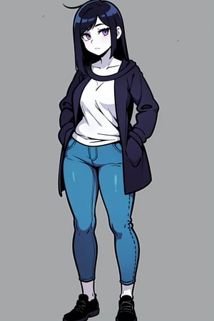 1GIRL, (thick_hips:0.8), purple eyes_eyes, black_hair, messy_long_hair, pale_skin, casual_outfit, standing shyly, looking_at_viewer, hands in pockets, full_body, sexy, beautiful, perfect, attractive