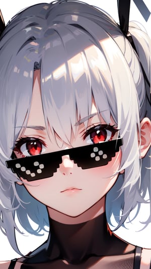 masterpiece,Bestquality,1girl,looking_at_viewer,incrsdealwithit,sunglasses, serious expression,she has beautiful white hair,red eyes