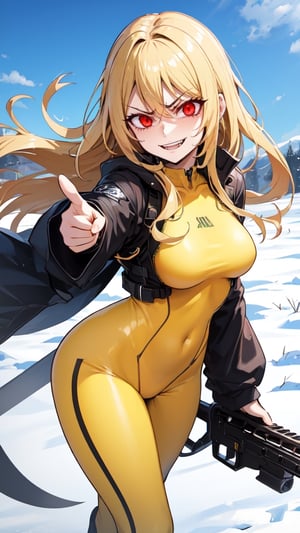 masterpiece, best quality, highres,1girl, (yellow bodysuit:1.2), grin, holding weapon, rifle, snow,medium breasts, long hair, red eyes, blonde hair,pointing at camera, pointing at viewer, evil face, angry
,sadistic smile