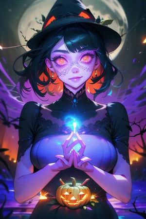 1girl,  waist-up portrait,  human skin colour, :((((close up,  adult face adult body,  mature,  )))),  ((smirk,  shoulder-lenght fluffy curly hair,  )),  (curly hair,  black witch oversized hat),  ((half body,  goddess,  immortal)),  (((,  mythical forest,  midnight,  lake,  glowing bugs,  fireflies,  glowing tree leaves,  open arm pose))),  ((wearing elegant (black) with intricate lace details,  laced dress,  laced shoulder)),  ((fair black hair,  gradient green-cyan ombre,  fair light Ocean blue eyeliner)),  ((5'9 feet,  beautiful figure)),  ((balcony,  cave,  holloween,  jack-o'-lantern,  holloween decoration,  )),  ((looking at the moon)),  ((flawless face,  Gorgeous,  glowing eyes,  perfect body,  SFW)),  medium bangs,  high-resolution,  highly detailed,  lighting,  centered, ,High detailed 