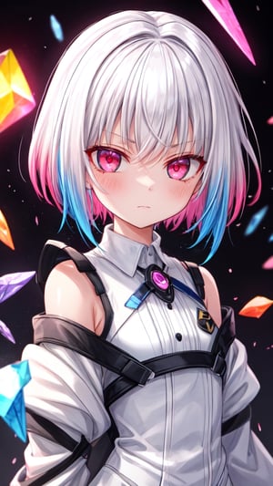 (Clear Image, Super Resolution, Extremely Amazing Details, Stunning Detail), Subsurface Scattering, Masterpiece, Best Quality, High Quality, 1girl, Only, Upper Body, Prism Eye, Prism Hair, Prism, Serious, [Silver |White] + (blue: -0.3) hair, blue + red eyes, gradient eyes, multicolored eyes, calm, small tits, Business Suit, Glowing, Glowing Eyes, Glowing White Particles, shine, bloom, fantasy, dark background,pink eyes, white hair with pink, pink hair tips,White clothes
