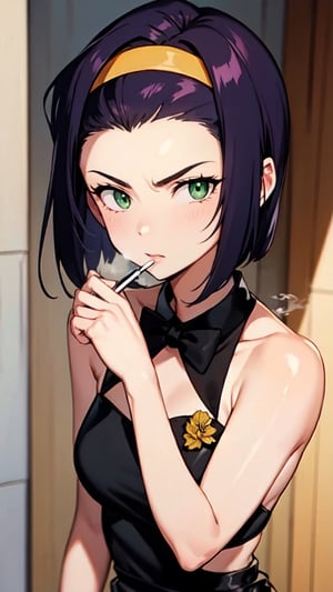 masterpiece, best quality, 1 girl, purple hair, short hair, alone, headband, green eyes, looking at viewer,  headband , alone, serious, black suit, black tuxedo, green eyes, standing, hair band yellow, (smoking:1.1)