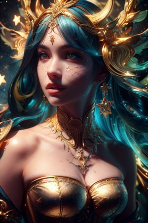 (8k, RAW photo, highest quality, masterpiece: 1), (photorealistic bar: 1.5), sharp focus, woman in a red dress surrounded by many stars, fantasy art, beautiful princess, close-up photo, beautiful face, detailed face, perfect proportions, beautiful curves, big breasts, flowing golden hair, beautiful, golden corset, realistic Disney, golden Colors appear naturally, beautiful and aesthetic, mysterious from the album (light from the front), (lighting on the face: 1.3), 1 girl