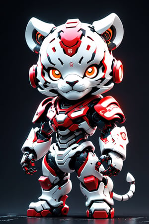 (masterpiece, best quality:1.5), EpicLogo, white armor, robot, red armor, white face, look on viewer, tiger style, central view, cute, hues, Movie Still, cyberpunk, full body, cinematic scene, intricate mech details, ground level shot, 8K resolution, Cinema 4D, Behance HD, polished metal, shiny, data, white background