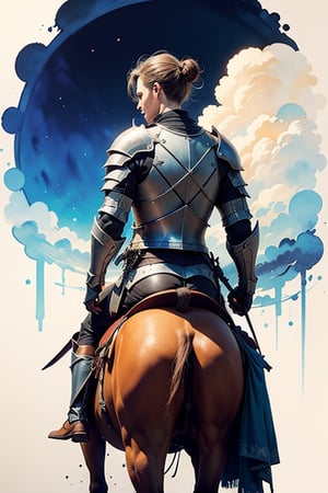 (Vibrant colors), male knight in armor on horseback with head of black dog with pointed ears, view from back,
fairytaleai,inksketch,watercolor senery,