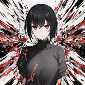 masterpiece, best quality, 1girl, upper body, shirt, black hair, red eyes, abstract, solo_female, neon fire, chaos