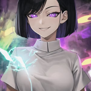 masterpiece, best quality, 1girl, upper body, shirt, black hair, purple eyes, abstract, solo_female, glowing eyes, enjoyment, smirk, bob cut, green, purple