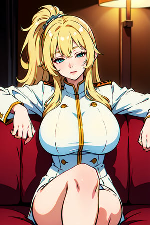 (masterpiece, best quality, ultra-detailed:1.2), long fluffy yellowish hair, bluish eyes, posing on a couch, wearing white & red sexy uniform, exposing_half_breasts , big_breast, half-closed-eyes, mature_female, bite_lip