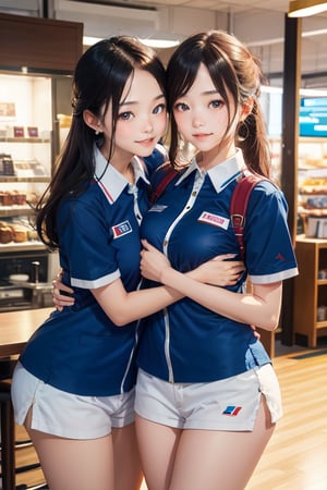 (masterpiece, best quality, ultra-detailed:1.2), 2 sisters, hugging each other facing the camera, smilling sweetly, earing sexy 7-eleven uniform