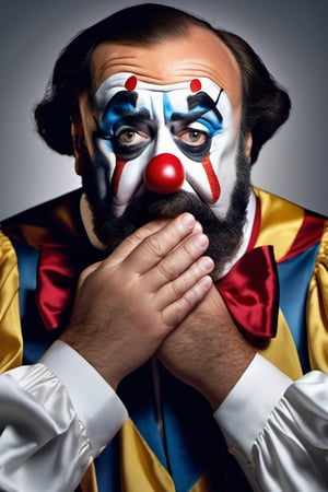 high_resolution, high detail, shiny, hyper realistic, photo quality 8k, Luciano Pavarotti playing the sad clown, the main character of the opera "Pagliacci". With a plaintive attitude and with the desire to cry. Holding his hands to his face