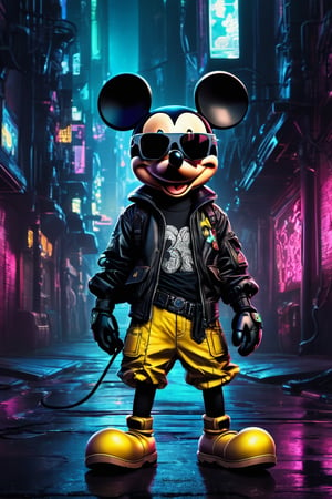 cyberpunk Mickey Mouse with sunglasses walking in a dark street