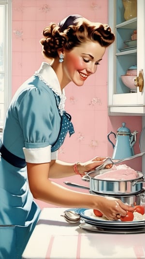 Norman Rockwell art, ultra detailed illustration in soft pastel colors, a beautiful and elegant housewife making dinner, soft, cute smile, shabby chic living room ambiance, best quality, centered image, MSchiffer, inspired by 1950s ((flat colors)) ((low saturation)) pink, white, blue, vintage,Leonardo Style,detailmaster2