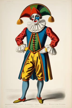 In the image, an "Arlecchino," an iconic character from Italian commedia dell'arte, is prominently featured, dressed in a vibrant and distinctive costume. His attire, snug-fitting and full of personality, showcases a pattern of multicolored diamonds, spanning a range of bright and eye-catching hues. Each diamond is a mosaic of colors, including reds, blues, yellows, greens, and oranges, giving the costume a cheerful and festive look.

The Arlecchino's attire includes a tight-fitting jacket with long sleeves and pants that follow the same multicolored diamond pattern. His waist is accentuated with a striking belt that perfectly complements the ensemble. The outfit is completed with the typical three-pointed hat, known as a "tricorn," which is also adorned with the same diamonds and colors, adding a touch of elegance and extravagance.

The Arlecchino's face is often painted with bright colors and theatrical expressions. His eyes may be encircled in black and white, accentuating his playful and mischievous gaze. The Arlecchino, in his colorful attire and distinctive hat, personifies joy and a festive spirit, evoking the tradition and merriment of Italian commedia dell'arte.