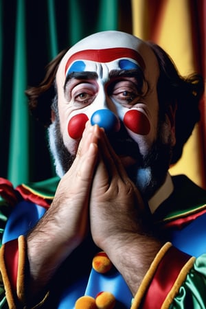 high_resolution, high detail, shiny, hyper realistic, photo quality 8k, Luciano Pavarotti playing the sad clown, the main character of the opera "Pagliacci". With a plaintive and tearful attitude. Holding his hands to the sides of his face