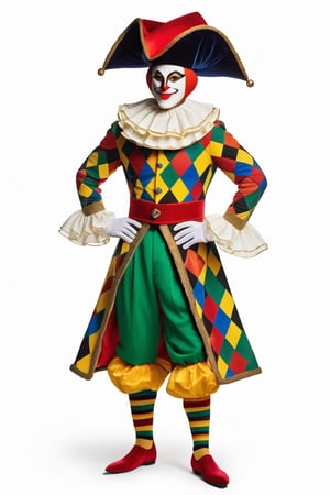 In the image, an "Arlecchino," an iconic character from Italian commedia dell'arte, is prominently featured, dressed in a vibrant and distinctive costume. His attire, snug-fitting and full of personality, showcases a pattern of multicolored diamonds, spanning a range of bright and eye-catching hues. Each diamond is a mosaic of colors, including reds, blues, yellows, greens, and oranges, giving the costume a cheerful and festive look.

The Arlecchino's attire includes a tight-fitting jacket with long sleeves and pants that follow the same multicolored diamond pattern. His waist is accentuated with a striking belt that perfectly complements the ensemble. The outfit is completed with the typical three-pointed hat, known as a "tricorn," which is also adorned with the same diamonds and colors, adding a touch of elegance and extravagance.

The Arlecchino's face is often painted with bright colors and theatrical expressions. His eyes may be encircled in black and white, accentuating his playful and mischievous gaze. The Arlecchino, in his colorful attire and distinctive hat, personifies joy and a festive spirit, evoking the tradition and merriment of Italian commedia dell'arte.